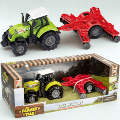 Tractor de jucărie verde cu plug roșu și lumini | image