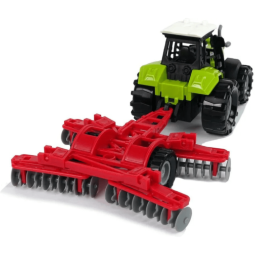 Tractor de jucărie verde cu plug roșu și lumini