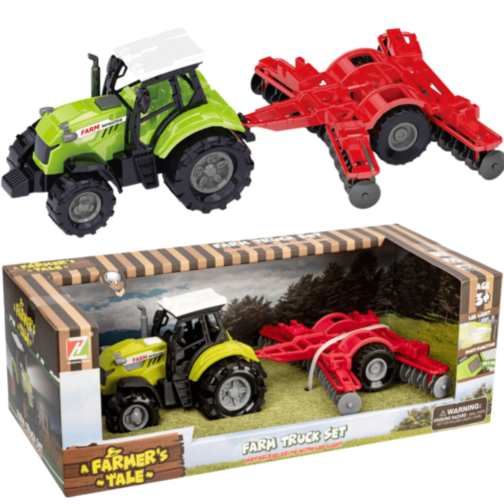 Tractor de jucărie verde cu plug roșu și lumini