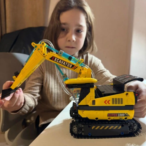 Excavator Hidraulic de Asamblat – 578 Piese, Macara STEM cu Mișcări Reale 