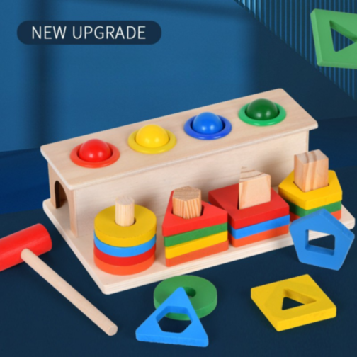 Sortator Montessori din Lemn cu Ciocănel și Forme Geometrice