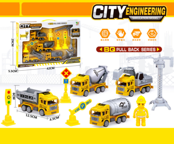 Set 4 Mașini de Construcție cu Macara și Semne Rutiere