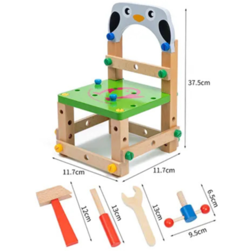 Banc de Lucru și Scaun de Asamblat din Lemn 2 în 1 | Set Educațional cu Unelte pentru Copii