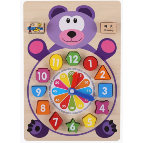 Ceas Didactic Montessori din Lemn în Formă de Urs