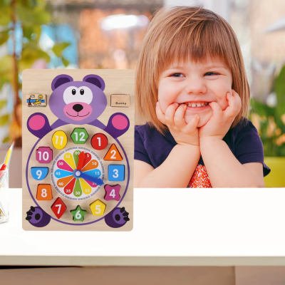Ceas Didactic Montessori din Lemn în Formă de Urs | image