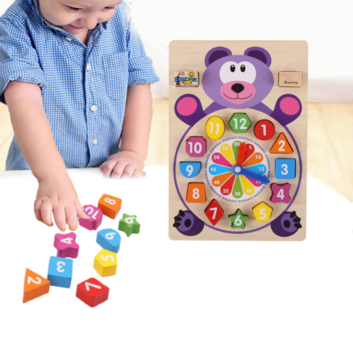 Ceas Didactic Montessori din Lemn în Formă de Urs