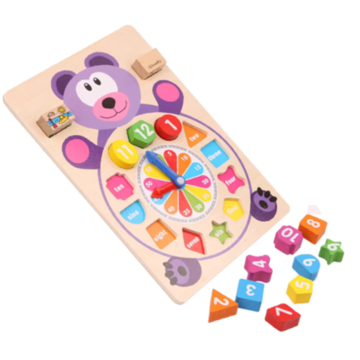 Ceas Didactic Montessori din Lemn în Formă de Urs