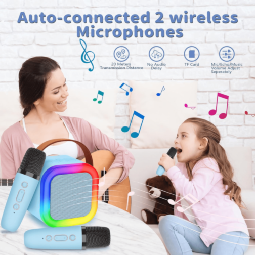 Boxă Karaoke Portabilă cu 2 Microfoane Wireless (albastru)