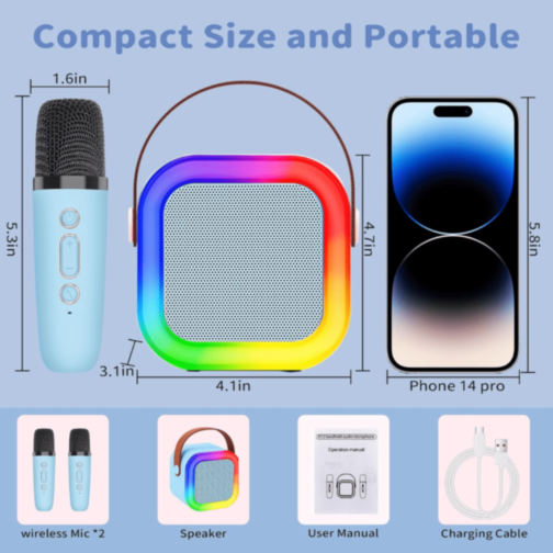 Boxă Karaoke Portabilă cu 2 Microfoane Wireless (albastru)