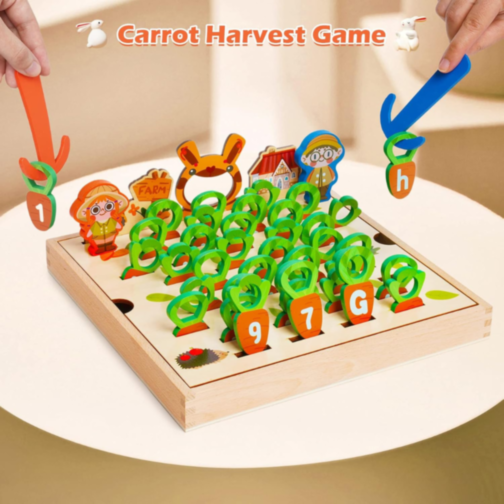Joc Educativ Montessori din Lemn – Recolta de Morcovi cu Litere și Cifre