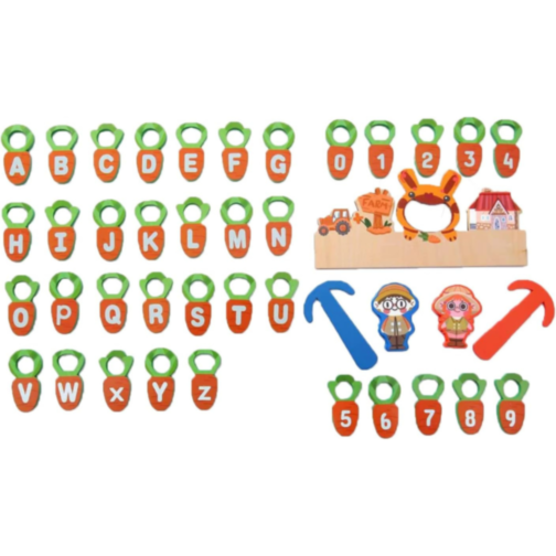 Joc Educativ Montessori din Lemn – Recolta de Morcovi cu Litere și Cifre
