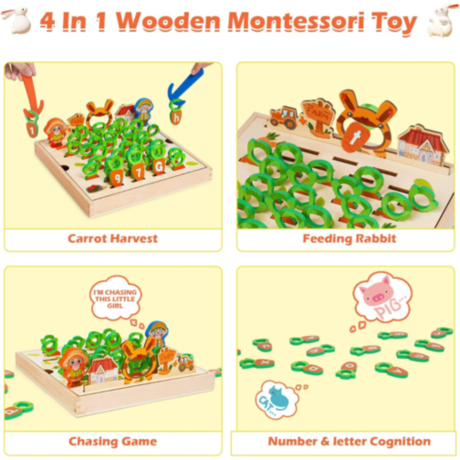 Joc Educativ Montessori din Lemn – Recolta de Morcovi cu Litere și Cifre
