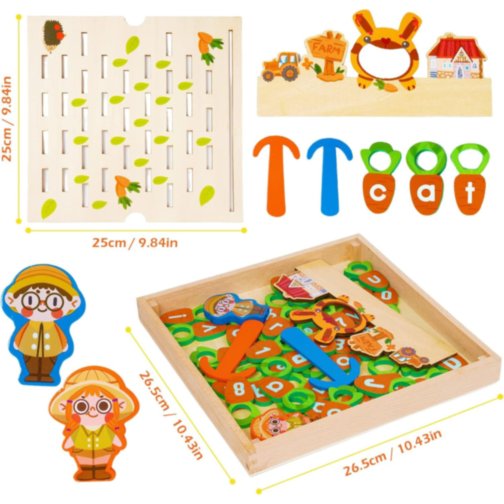 Joc Educativ Montessori din Lemn – Recolta de Morcovi cu Litere și Cifre