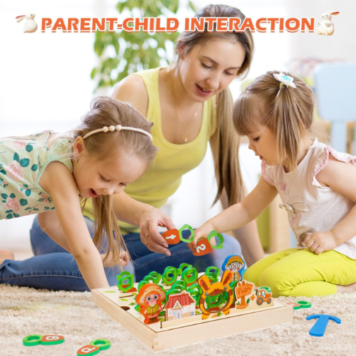 Joc Educativ Montessori din Lemn – Recolta de Morcovi cu Litere și Cifre