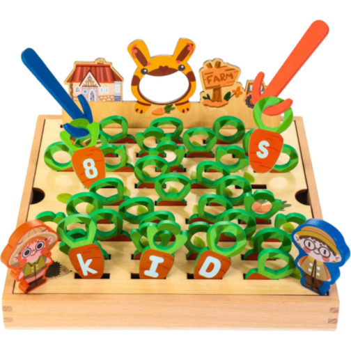 Joc Educativ Montessori din Lemn – Recolta de Morcovi cu Litere și Cifre