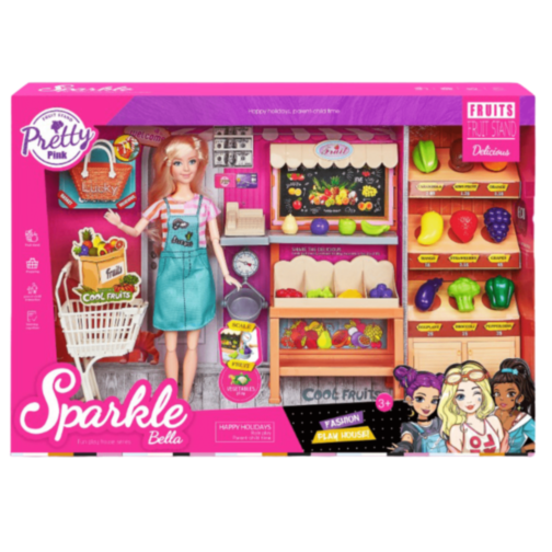 Set Păpușă Sparkle Bella cu Stand Fructe Jucărie