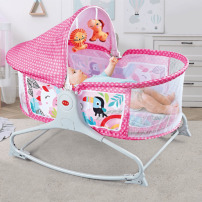 Pătuț Tip Leagăn cu Baldachin, Vibrații și Jucării Suspendate – Roz | image