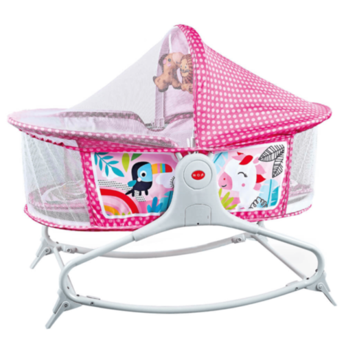 Pătuț Tip Leagăn cu Baldachin, Vibrații și Jucării Suspendate – Roz