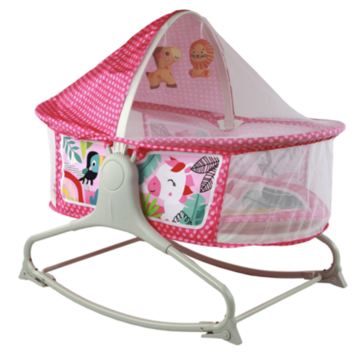 Pătuț Tip Leagăn cu Baldachin, Vibrații și Jucării Suspendate – Roz