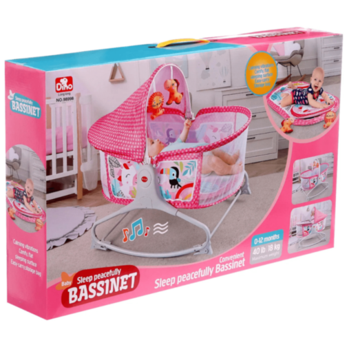 Pătuț Tip Leagăn cu Baldachin, Vibrații și Jucării Suspendate – Roz