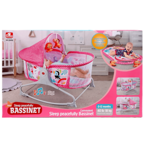 Pătuț Tip Leagăn cu Baldachin, Vibrații și Jucării Suspendate – Roz