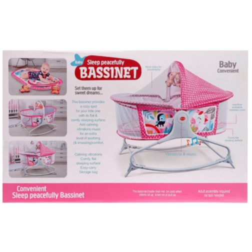 Pătuț Tip Leagăn cu Baldachin, Vibrații și Jucării Suspendate – Roz