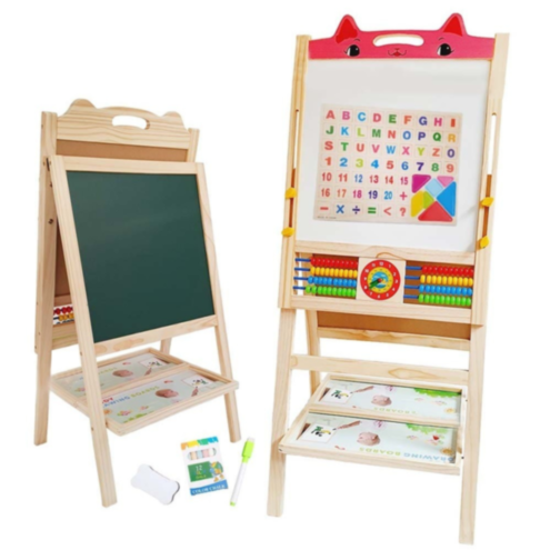 Tablă Educativă Pliabilă din Lemn | Design Pisicuță, Suprafață Dublă Magnetică și Creta
