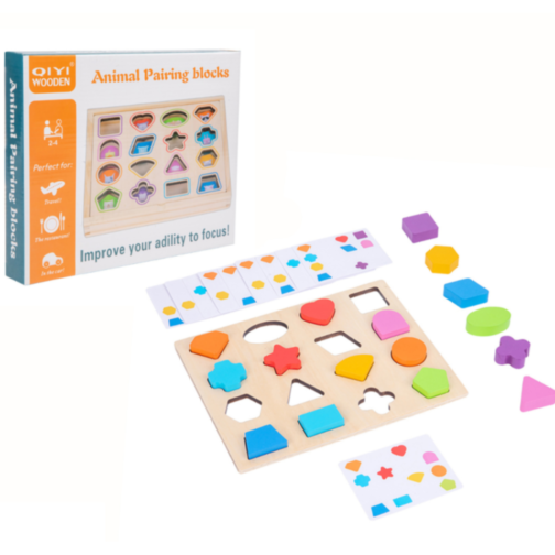Puzzle Montessori din Lemn cu Forme și Cartonașe de Potrivire