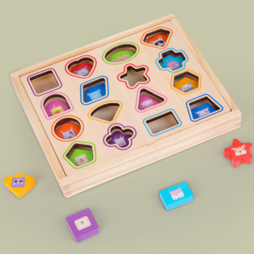 Puzzle Montessori din Lemn cu Forme și Cartonașe de Potrivire