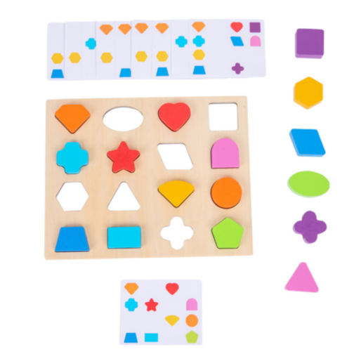 Puzzle Montessori din Lemn cu Forme și Cartonașe de Potrivire