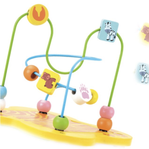 Cub Educativ din Lemn 6 în 1 – Labirint cu Mărgele, Animale, Numere și Forme