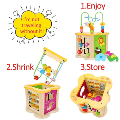 Cub Educativ din Lemn 6 în 1 – Labirint cu Mărgele, Animale, Numere și Forme