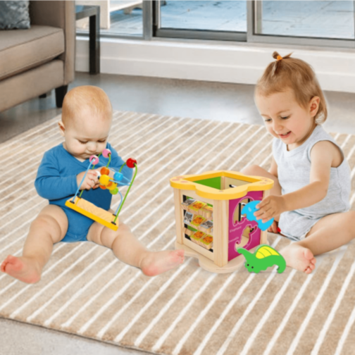 Cub Educativ din Lemn 6 în 1 – Labirint cu Mărgele, Animale, Numere și Forme