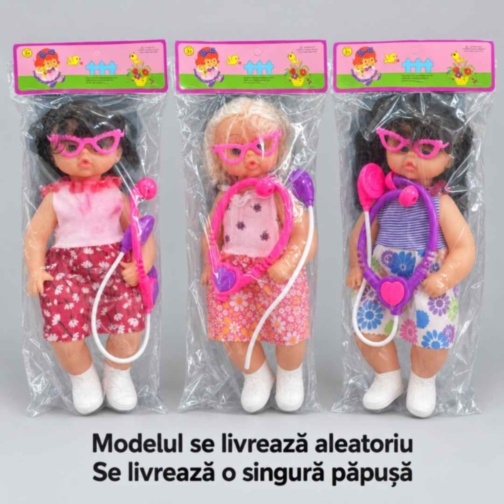 Păpușă de 34 cm cu ochelari și stetoscop