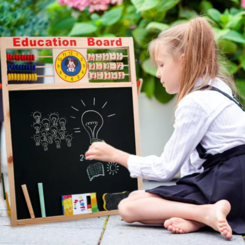 Tablă Educațională din Lemn 2 în 1 cu Abac, Ceas și Magnet