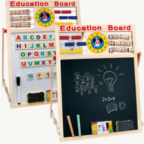 Tablă Educațională din Lemn 2 în 1 cu Abac, Ceas și Magnet