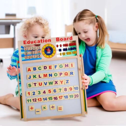 Tablă Educațională din Lemn 2 în 1 cu Abac, Ceas și Magnet