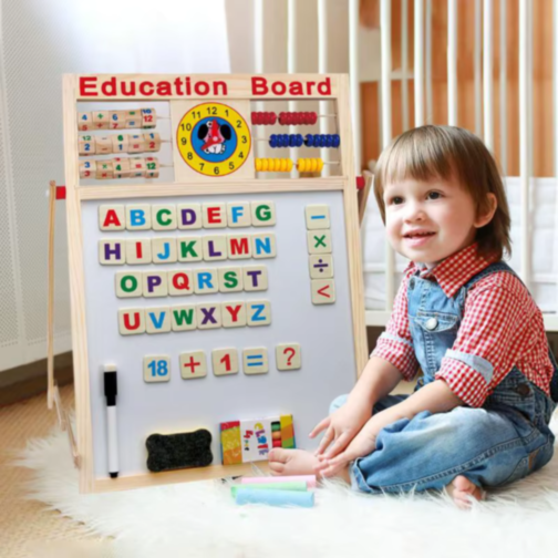 Tablă Educațională din Lemn 2 în 1 cu Abac, Ceas și Magnet