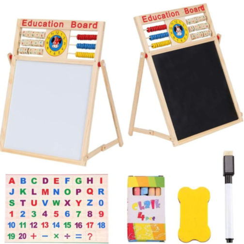 Tablă Educațională din Lemn 2 în 1 cu Abac, Ceas și Magnet
