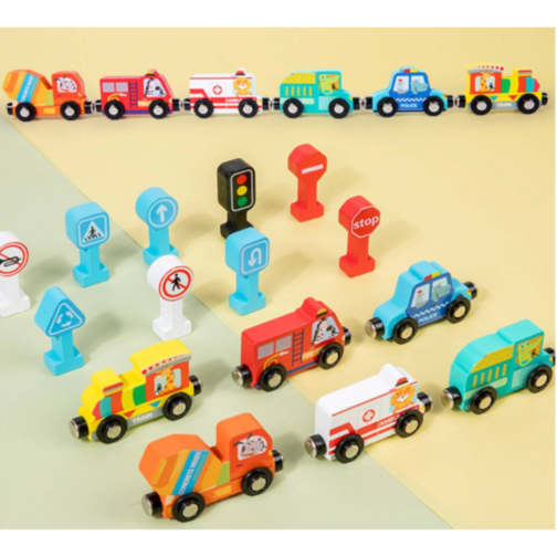 Set Magnetic de Vehicule de Urgență și Semne de Circulație din Lemn