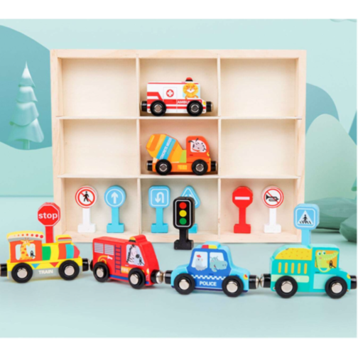 Set Magnetic de Vehicule de Urgență și Semne de Circulație din Lemn