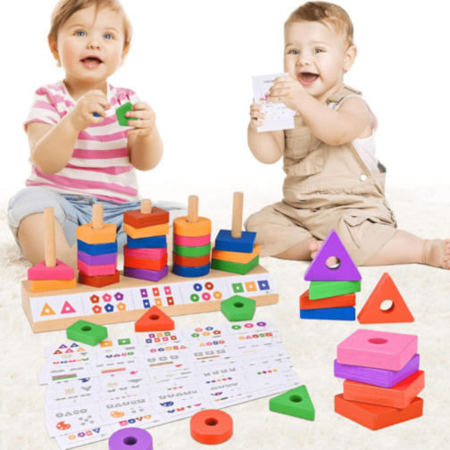 Joc Montessori de Sortare și Potrivire – Forme Geometrice Colorate din Lemn