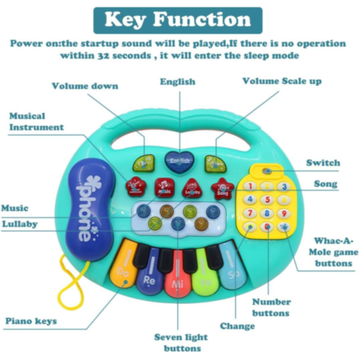 Pian Electronic Multicolor 5 în 1 pentru Copii cu Funcții Educative (culoare aleatorie)