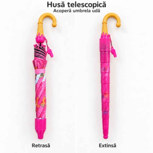 Umbrelă roz pentru fetițe cu pisicuțe și husă telescopică