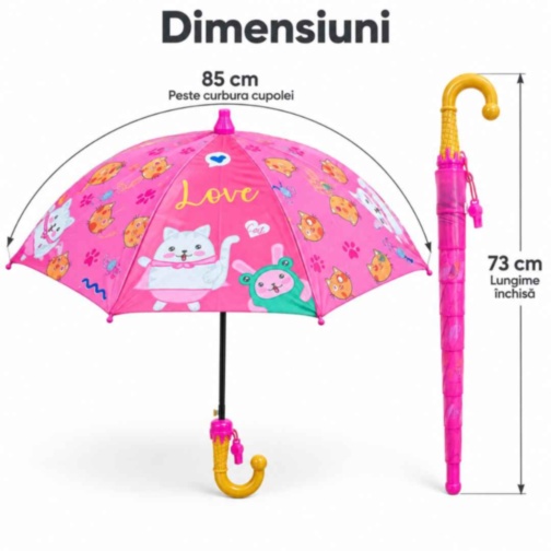 Umbrelă roz pentru fetițe cu pisicuțe și husă telescopică