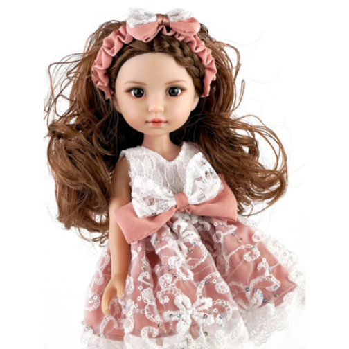 Păpușă Elegantă cu Rochie din Dantelă și Fundă Roz – 35 cm