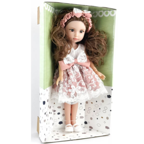 Păpușă Elegantă cu Rochie din Dantelă și Fundă Roz – 35 cm