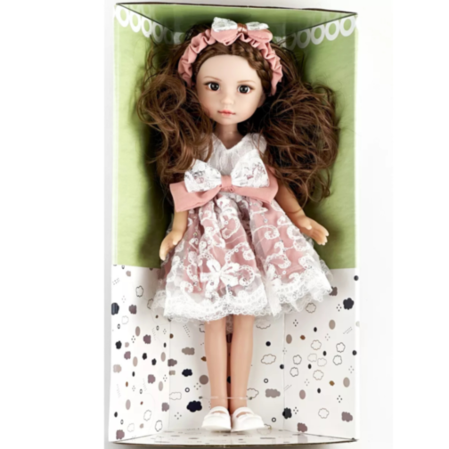 Păpușă Elegantă cu Rochie din Dantelă și Fundă Roz – 35 cm