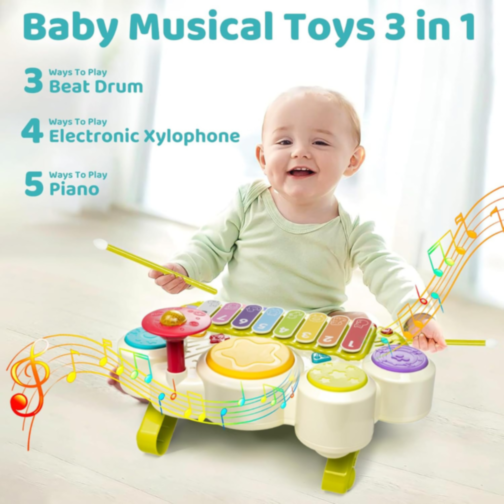 Jucărie Interactivă Educațională 3 în 1 cu Pian, Xilofon și Tobe (culoare aleatorie)