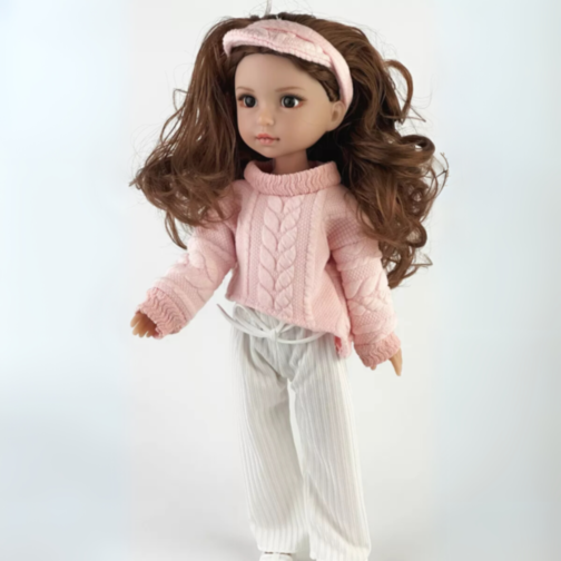 Păpușă Modernă cu Pulover Roz și Pantaloni Albi – 35 cm